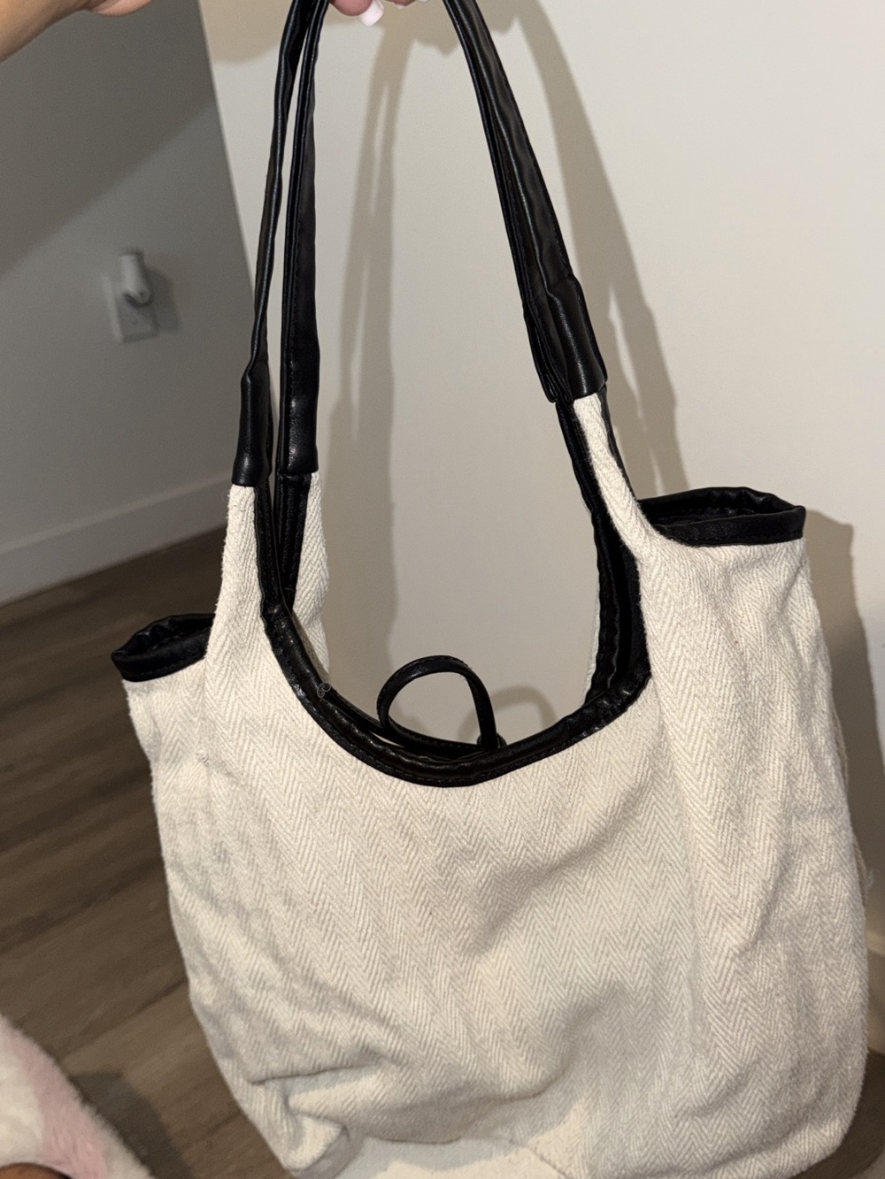 Canvas Tote Bag with Black Trim - Elegant Neutral Shoulder Bag - Picture 3 of 3